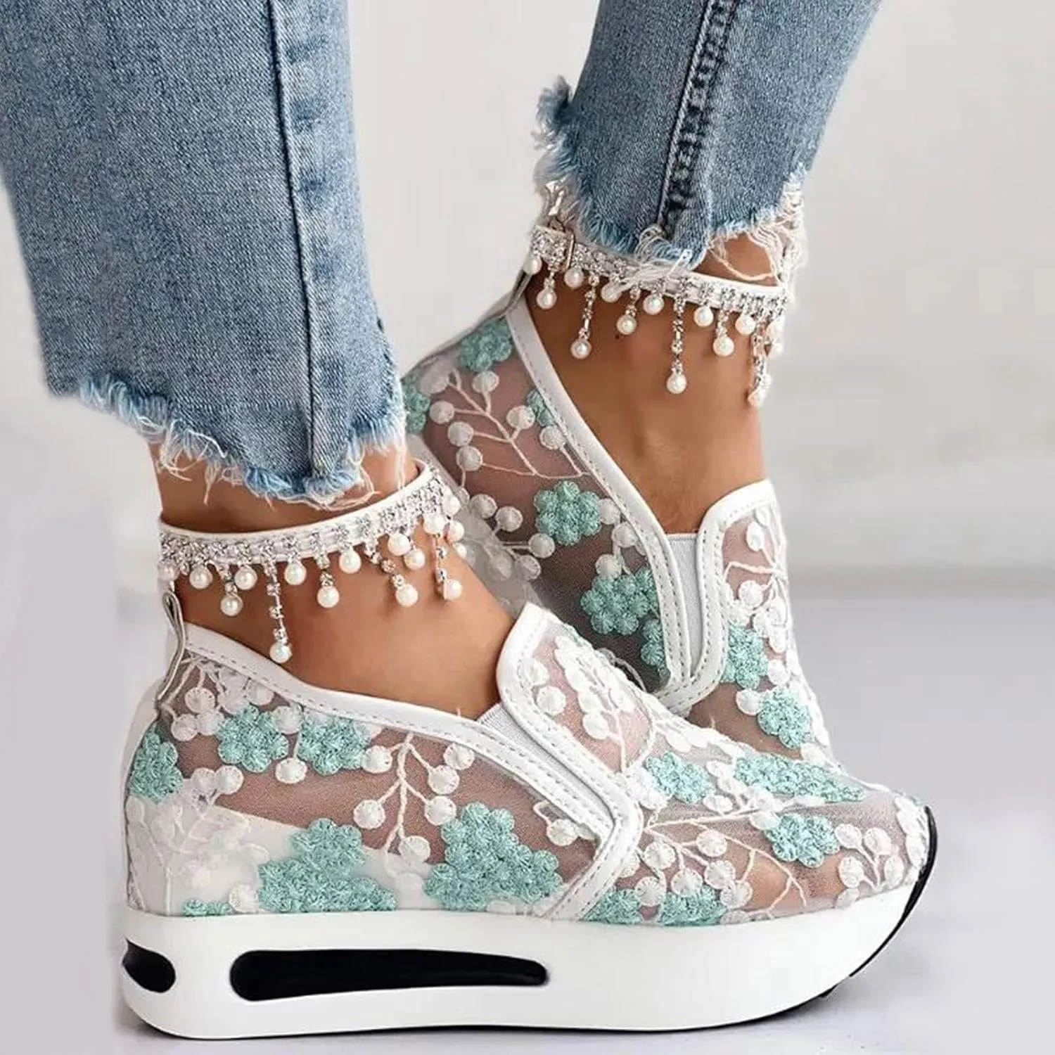 Floral Embroidery Breathable Sheer Mesh Sneakers for Women 2025 Spring Glitter Mesh Casual Sneakers Platform Wedge Floral Shoes Slip On Dressy Tennis Shoes for Outdoor Walking