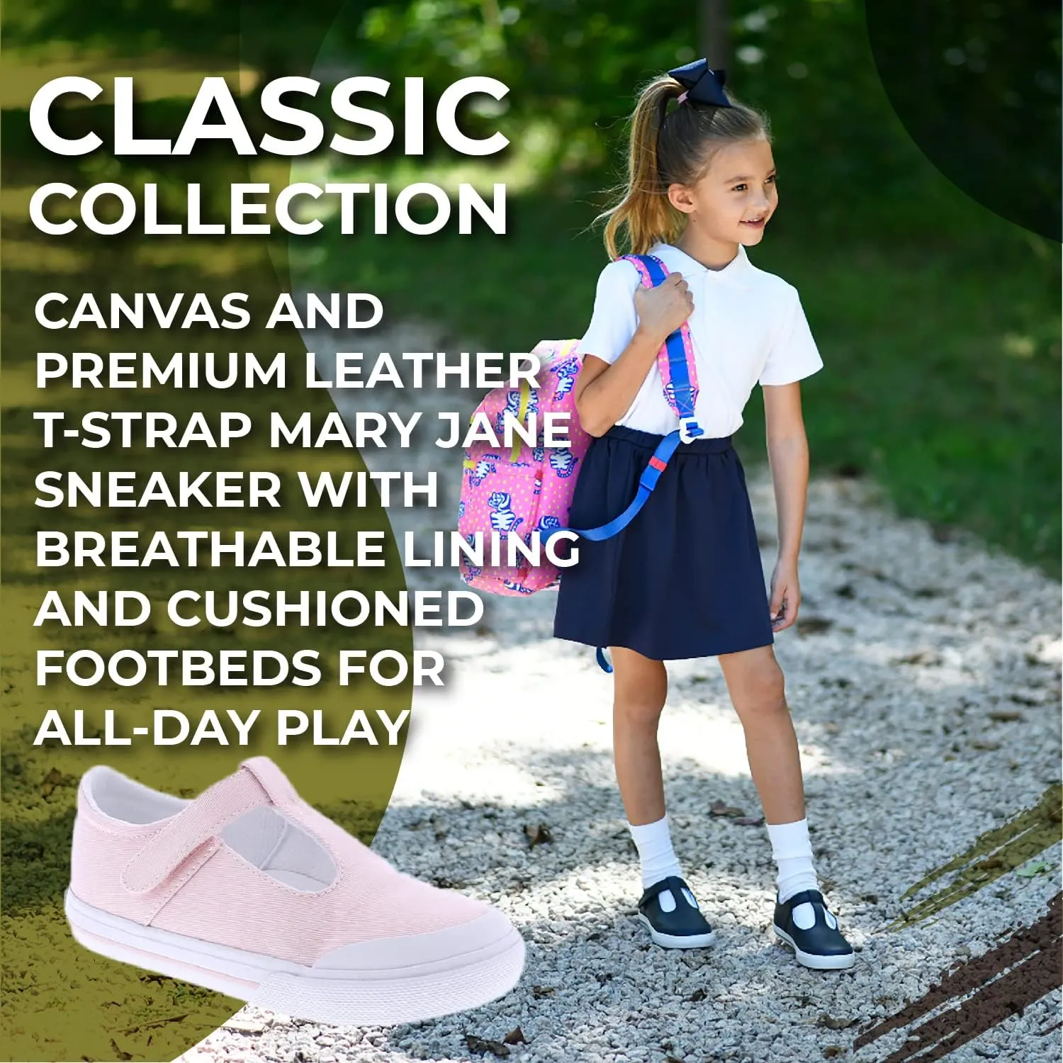 FOOTMATES Drew Mary Jane Flat T-Strap Girls Canvas Walking Sneakers with Custom-Fit Insoles, Slip-Resistant Vulcanized Outsoles