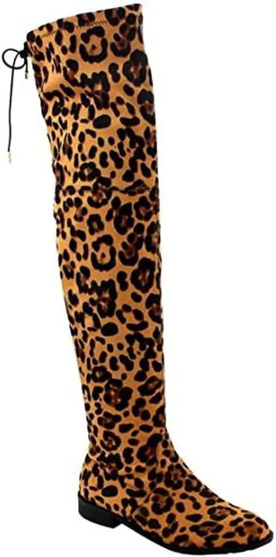 Forever Link Jalen-H4 Women's Over The Knee Thigh High Flat Boot,Leopard