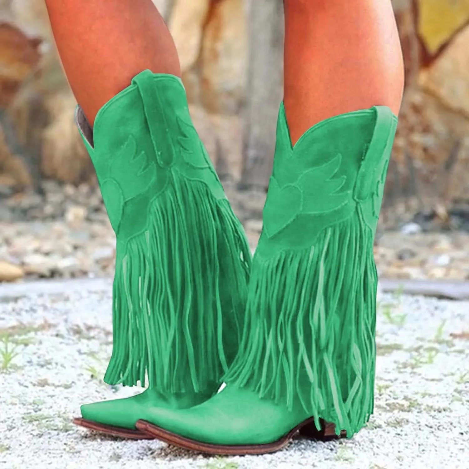Fringe Cowboy Boots for Women Western Tassel Riding Cowgirl Boots Pull on Mid Calf Boots Fashion Buckle Boots
