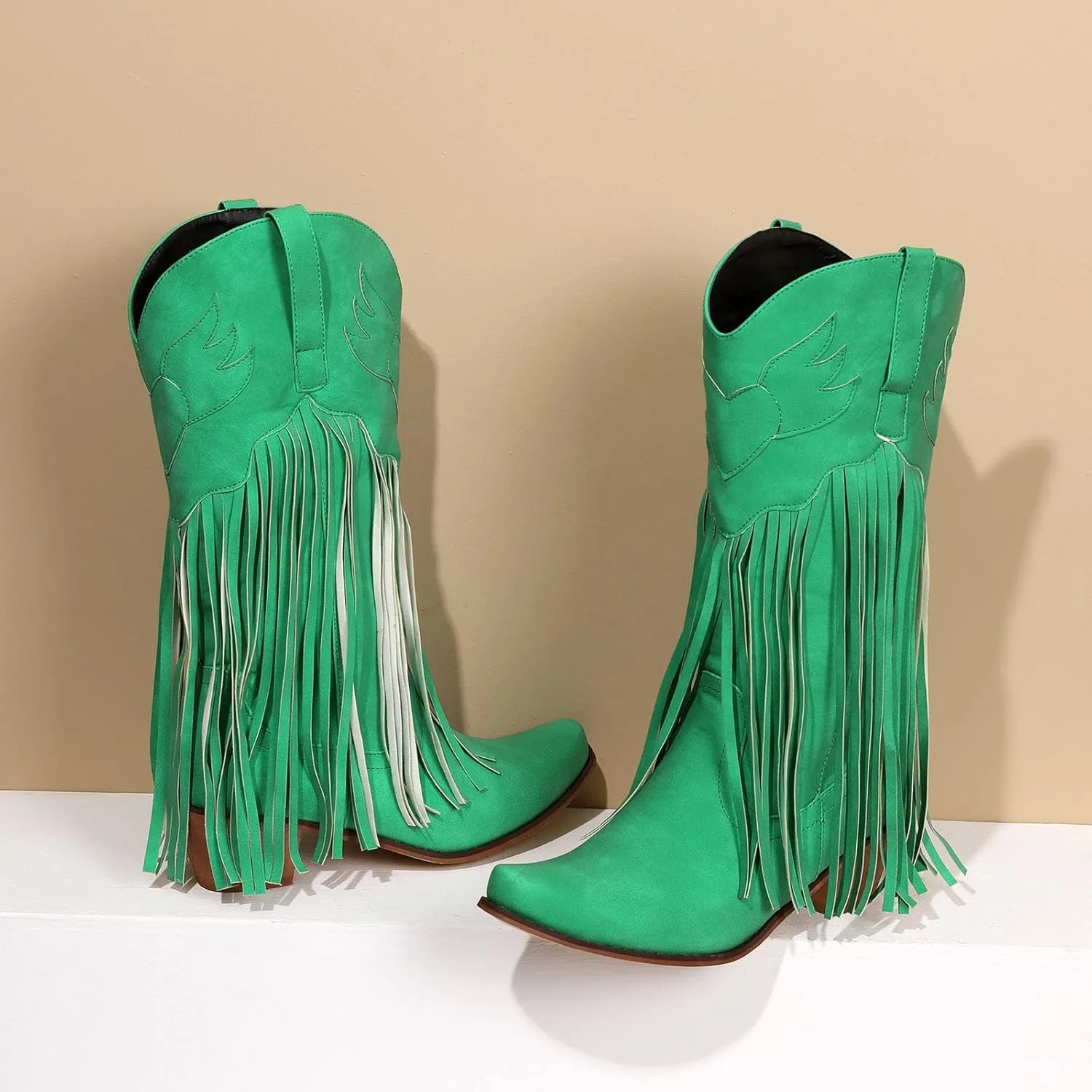 Fringe Cowboy Boots for Women Western Tassel Riding Cowgirl Boots Pull on Mid Calf Boots Fashion Buckle Boots