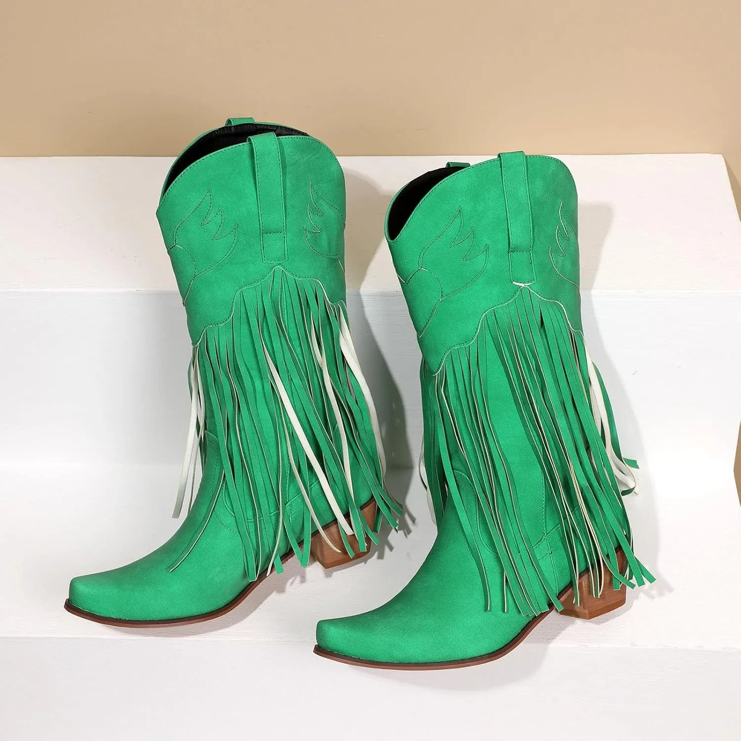 Fringe Cowboy Boots for Women Western Tassel Riding Cowgirl Boots Pull on Mid Calf Boots Fashion Buckle Boots