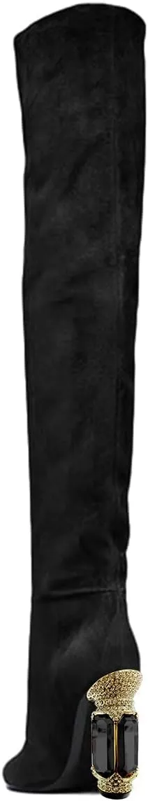 FSJ Women Over The Knee Boots Thigh High Crystal Chunky Heel Sparkly Rhinestone Closed Toe Stretch Long Boots Size 4-15 US