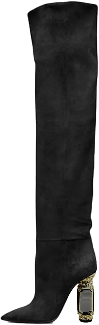 FSJ Women Over The Knee Boots Thigh High Crystal Chunky Heel Sparkly Rhinestone Closed Toe Stretch Long Boots Size 4-15 US