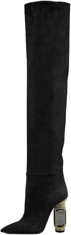 FSJ Women Over The Knee Boots Thigh High Crystal Chunky Heel Sparkly Rhinestone Closed Toe Stretch Long Boots Size 4-15 US