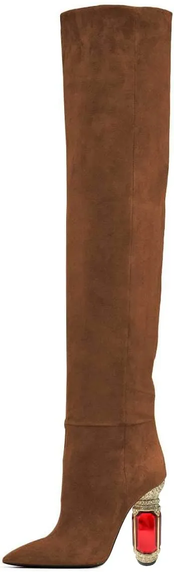 FSJ Women Over The Knee Boots Thigh High Crystal Chunky Heel Sparkly Rhinestone Closed Toe Stretch Long Boots Size 4-15 US