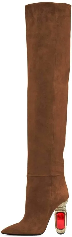 FSJ Women Over The Knee Boots Thigh High Crystal Chunky Heel Sparkly Rhinestone Closed Toe Stretch Long Boots Size 4-15 US