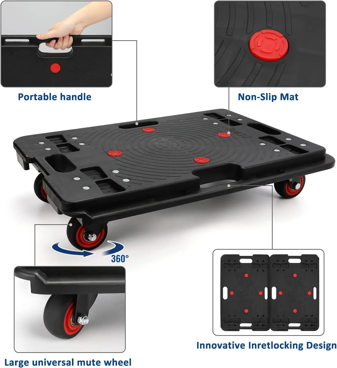 Furniture Dolly, Large Moving Dolly, 24in*16in with 800 Lbs Capacity, Flat Furniture Movers with Wheels, Portable and Heavy Duty, Connectable Dollies with Wheels, Black