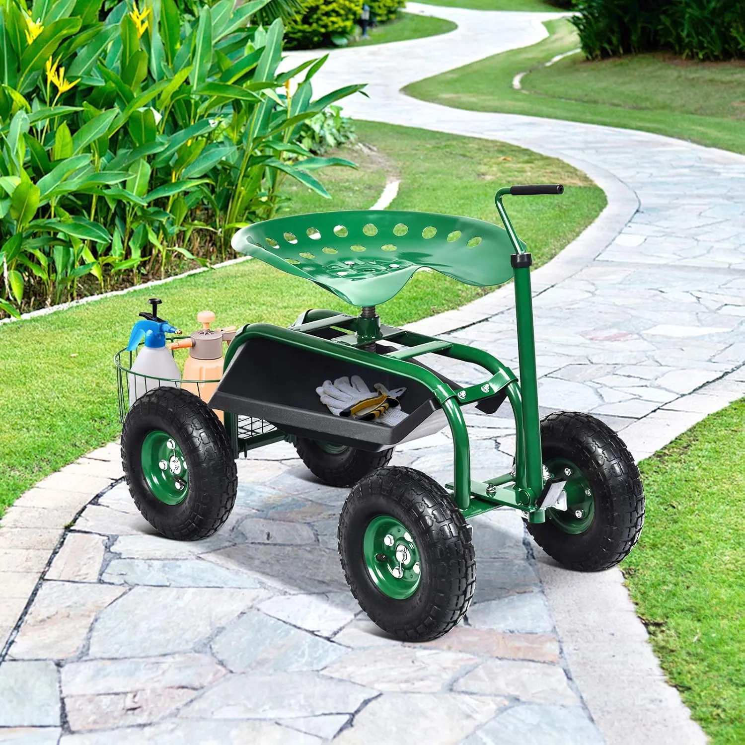 Giantex Garden Cart, 4-Wheel Gardening Workseat with Storage Basket, Swivel Seat Adjustable Height, Steering Handle, Garden Utility Cart, Steel Stool Seat for Planting (Green)