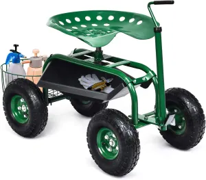 Giantex Garden Cart, 4-Wheel Gardening Workseat with Storage Basket, Swivel Seat Adjustable Height, Steering Handle, Garden Utility Cart, Steel Stool Seat for Planting (Green)