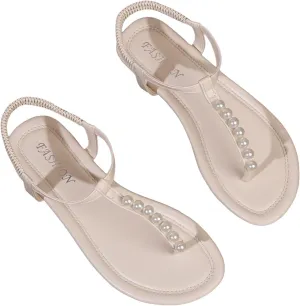 GORGLITTER Women's Bow Pearl T-Strap White Flat Sandals Summer Vacation Beach Bridal Wedding Shoes 2025