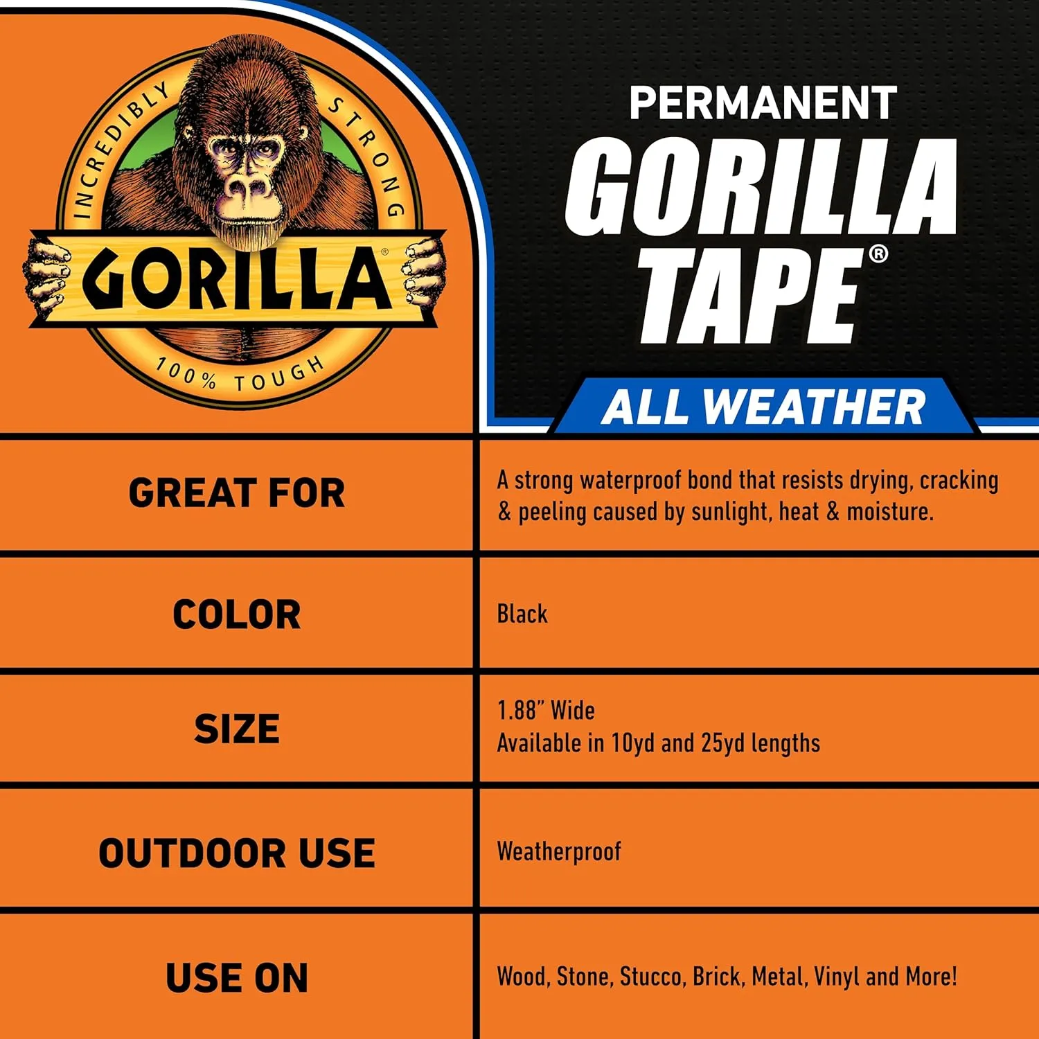 Gorilla All Weather Duct Tape, Black, 1.88" x 25 yd (Pack of 25) - UV and Temperature Resistant Waterproof Tape for Outdoor Repairs