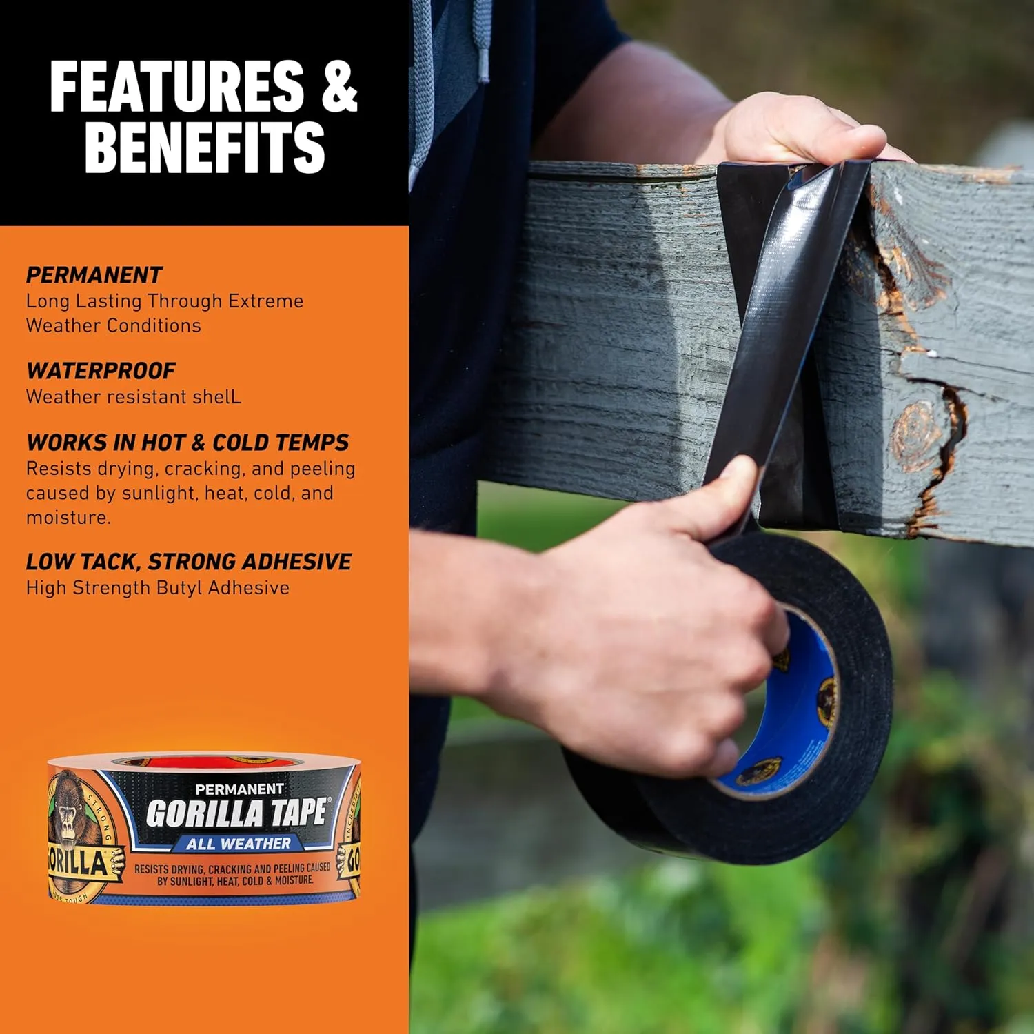 Gorilla All Weather Duct Tape, Black, 1.88" x 25 yd (Pack of 25) - UV and Temperature Resistant Waterproof Tape for Outdoor Repairs