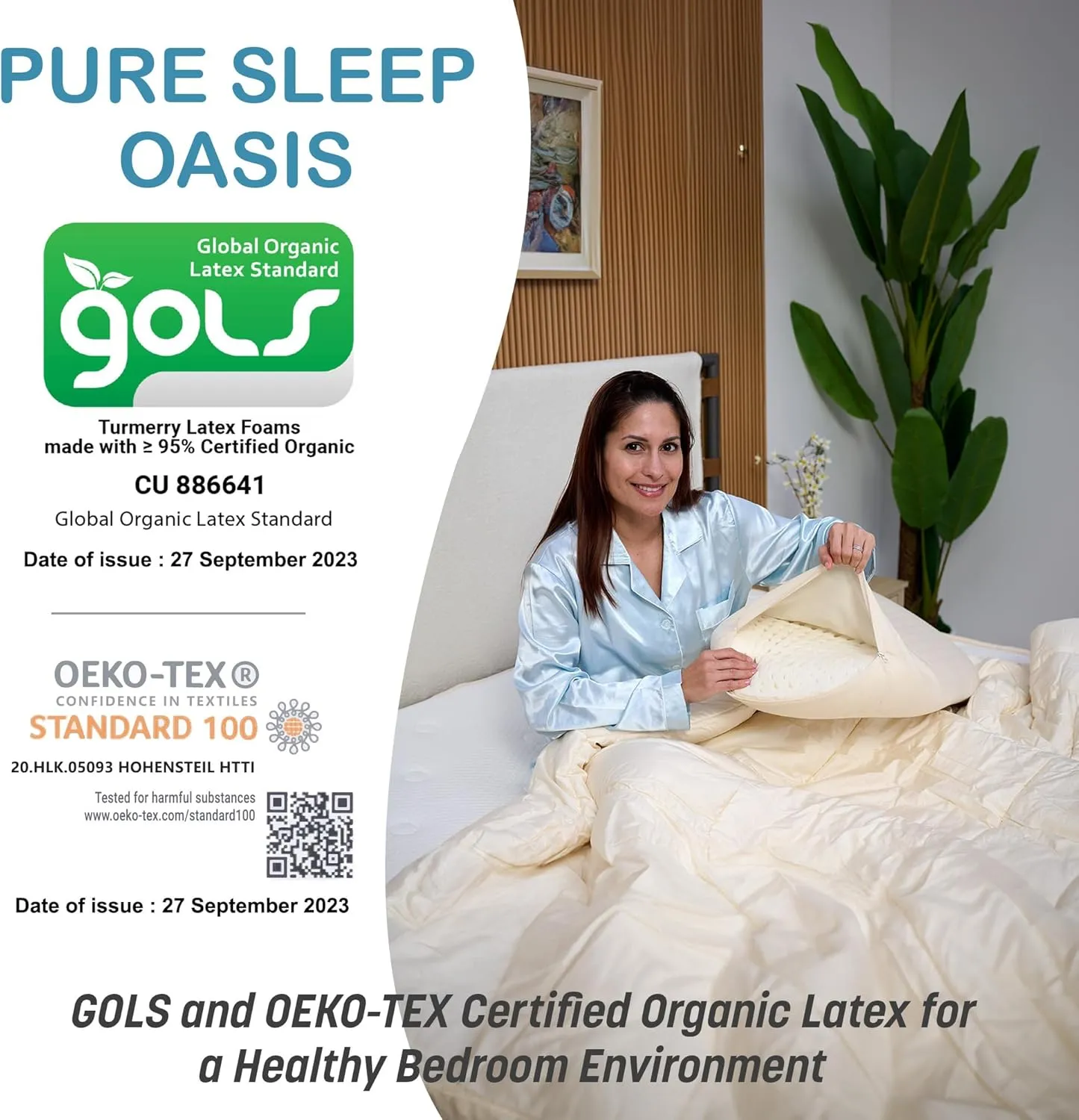 Green Natural Organic Bed Pillow - GOLS Certified Organic Rubber Foam Latex Pillows for Sleeping for Side, and Stomach Sleepers Zippered Organic Cotton Cover - Size Standard - High Loft - Medium