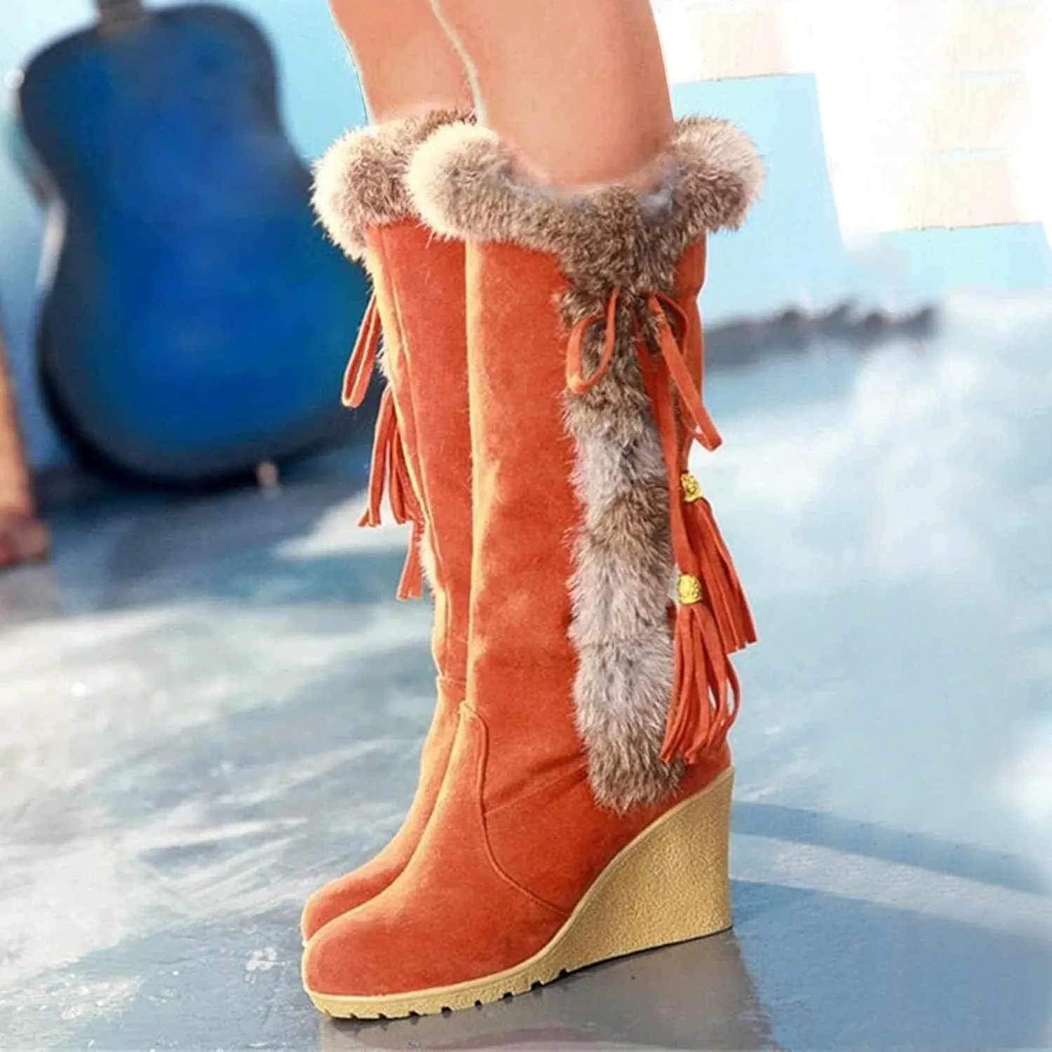 GUNIYIFS Womens Winter Snow Boots Chunky Heel Fur Lined Warm Boots Comfortable Slip On Suede Mid-Calf High Heel Boots Fashion