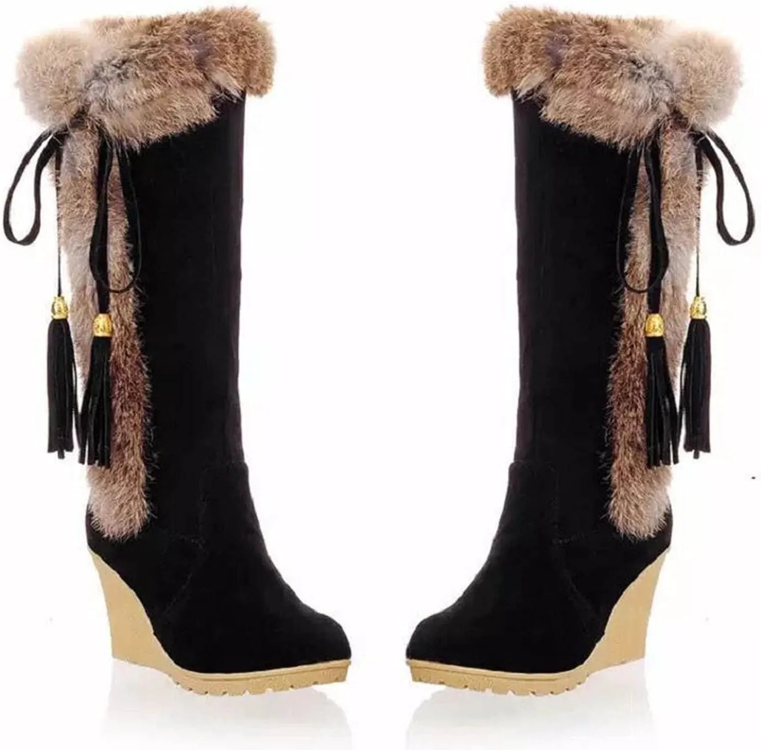 GUNIYIFS Womens Winter Snow Boots Chunky Heel Fur Lined Warm Boots Comfortable Slip On Suede Mid-Calf High Heel Boots Fashion