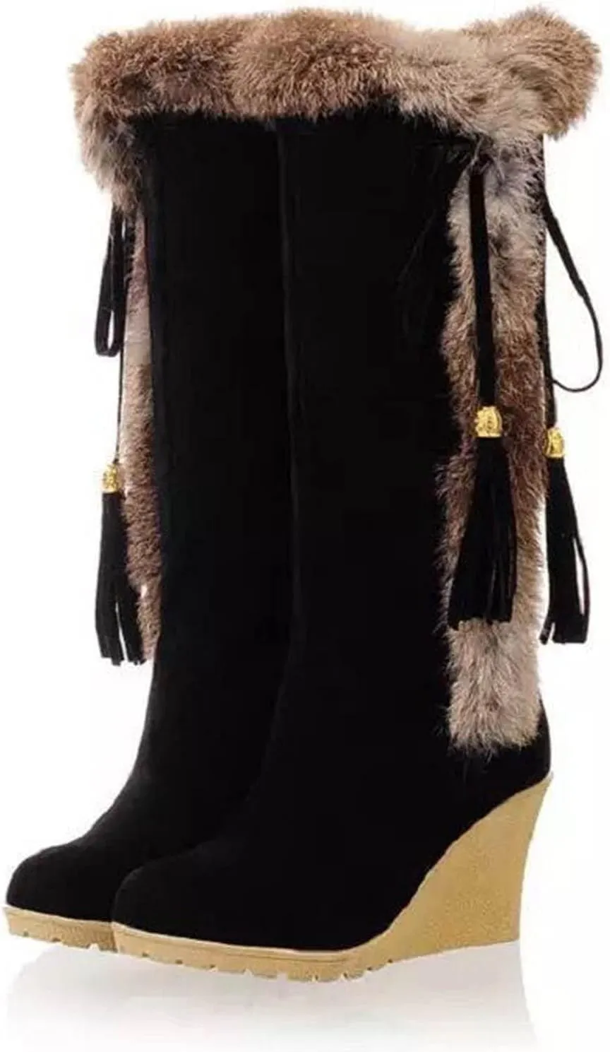 GUNIYIFS Womens Winter Snow Boots Chunky Heel Fur Lined Warm Boots Comfortable Slip On Suede Mid-Calf High Heel Boots Fashion