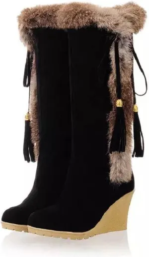 GUNIYIFS Womens Winter Snow Boots Chunky Heel Fur Lined Warm Boots Comfortable Slip On Suede Mid-Calf High Heel Boots Fashion