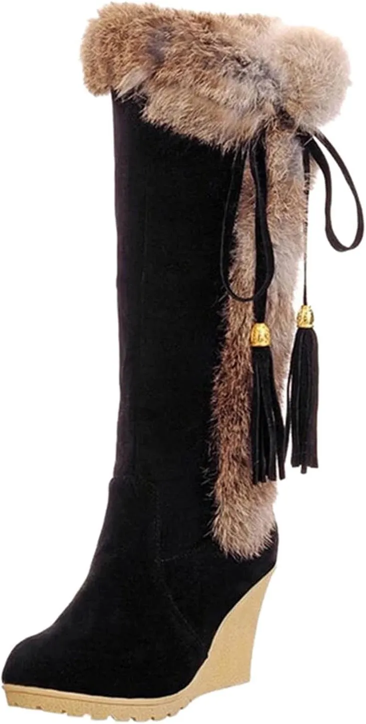 GUNIYIFS Womens Winter Snow Boots Chunky Heel Fur Lined Warm Boots Comfortable Slip On Suede Mid-Calf High Heel Boots Fashion
