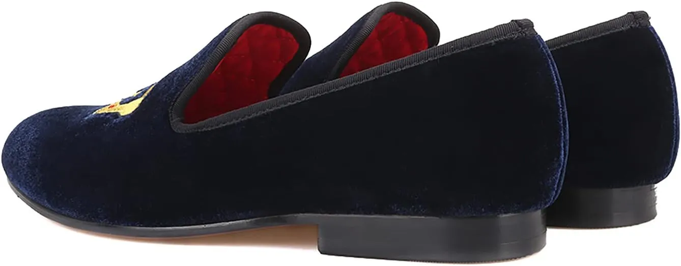 HI&HANN Men's Embroidered Velvet Loafer Shoes Slip-on Loafer Round Toes Smoking Slipper
