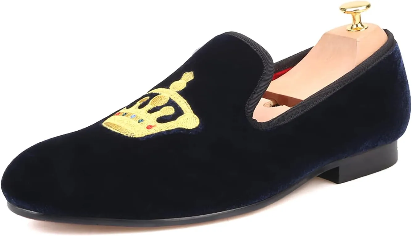 HI&HANN Men's Embroidered Velvet Loafer Shoes Slip-on Loafer Round Toes Smoking Slipper