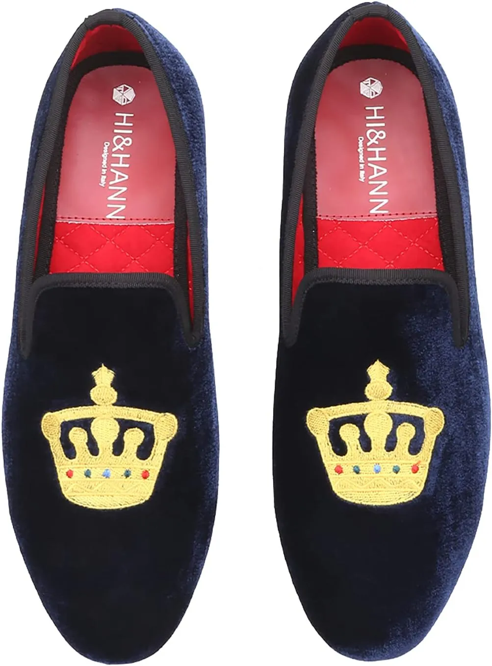 HI&HANN Men's Embroidered Velvet Loafer Shoes Slip-on Loafer Round Toes Smoking Slipper