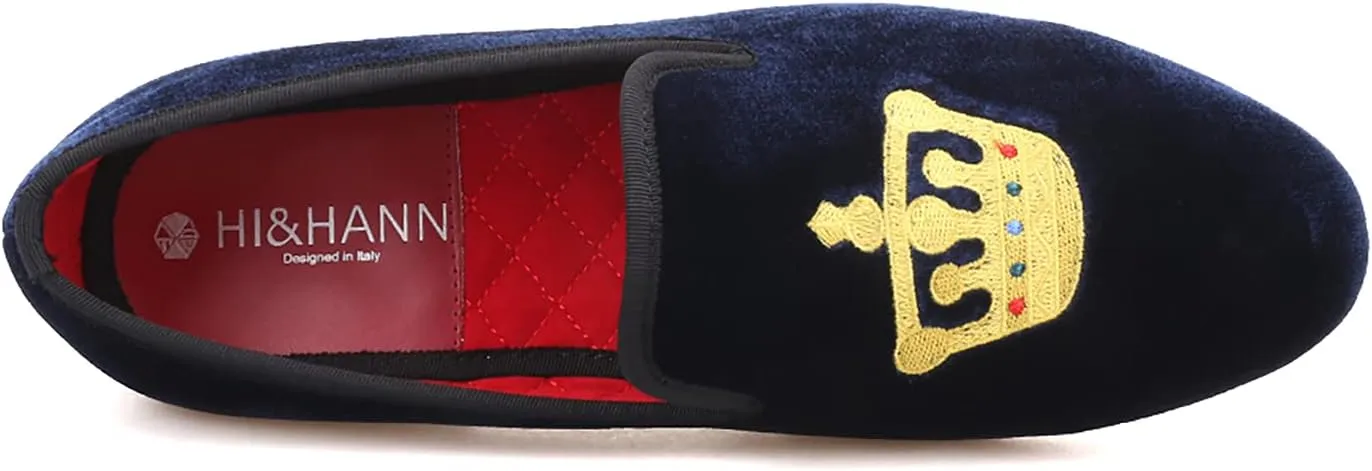 HI&HANN Men's Embroidered Velvet Loafer Shoes Slip-on Loafer Round Toes Smoking Slipper