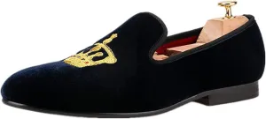 HI&HANN Men's Embroidered Velvet Loafer Shoes Slip-on Loafer Round Toes Smoking Slipper