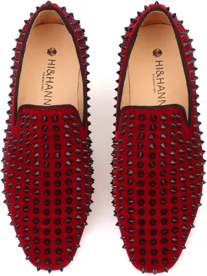 HI&HANN Men's Velvet with Black Rivets Loafer Shoes Slip-on Loafer Round Toes Smoking Slipper