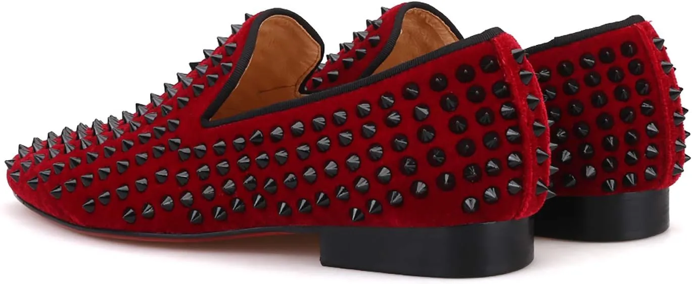 HI&HANN Men's Velvet with Black Rivets Loafer Shoes Slip-on Loafer Round Toes Smoking Slipper