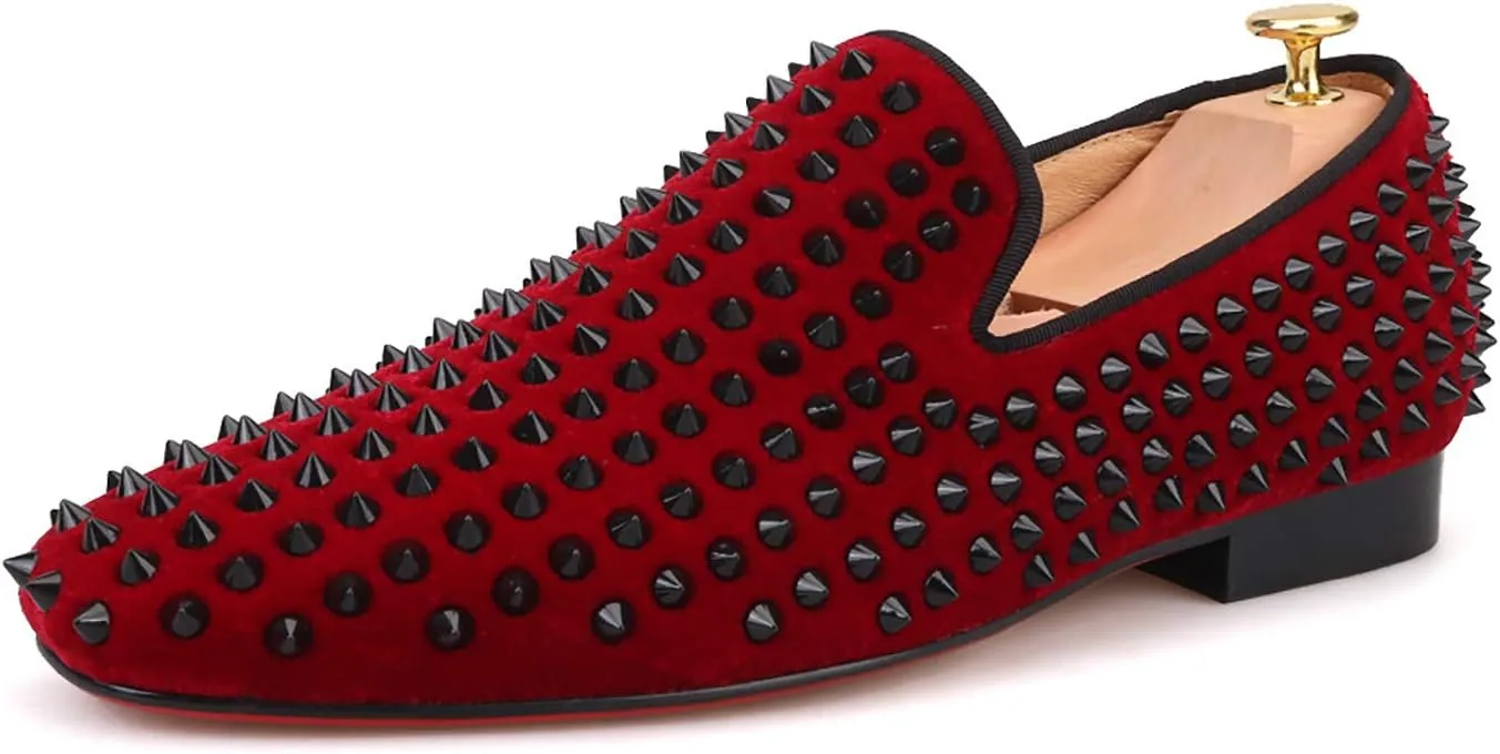 HI&HANN Men's Velvet with Black Rivets Loafer Shoes Slip-on Loafer Round Toes Smoking Slipper