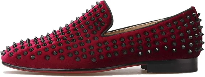 HI&HANN Men's Velvet with Black Rivets Loafer Shoes Slip-on Loafer Round Toes Smoking Slipper