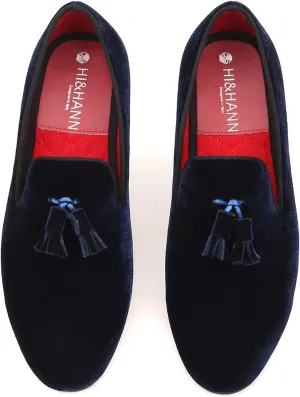 HI&HANN Tassel Men's Velvet Loafer Shoes Slip-on Loafer Round Toes Smoking Slipper