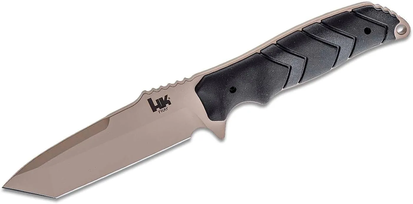 Hogue Heckler & Koch H&K Fray Fixed Blade Knife 4.2" 154CM FDE Cerakote Tanto Blade, Black Rubber Handles (Paracord Included), Zytel Sheath Included - 55243