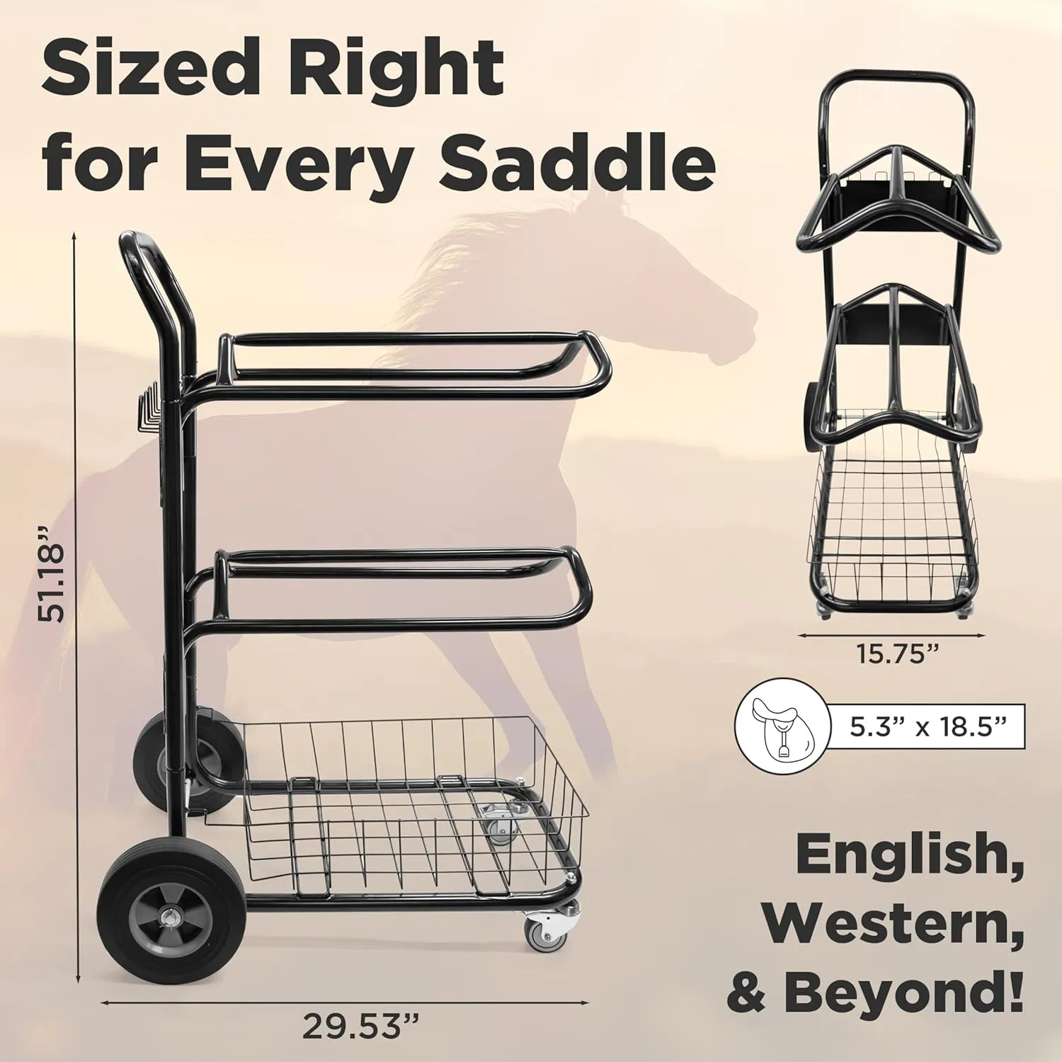 Homestead 220 Lbs Rolling Saddle Rack Cart with Basket – Heavy Duty Saddle Stand for Western Horse Gear, Organizers and Storage for Tack Room, Bridle, Horse Lovers, Cowboy - 3 Tier Saddle Rack Carts