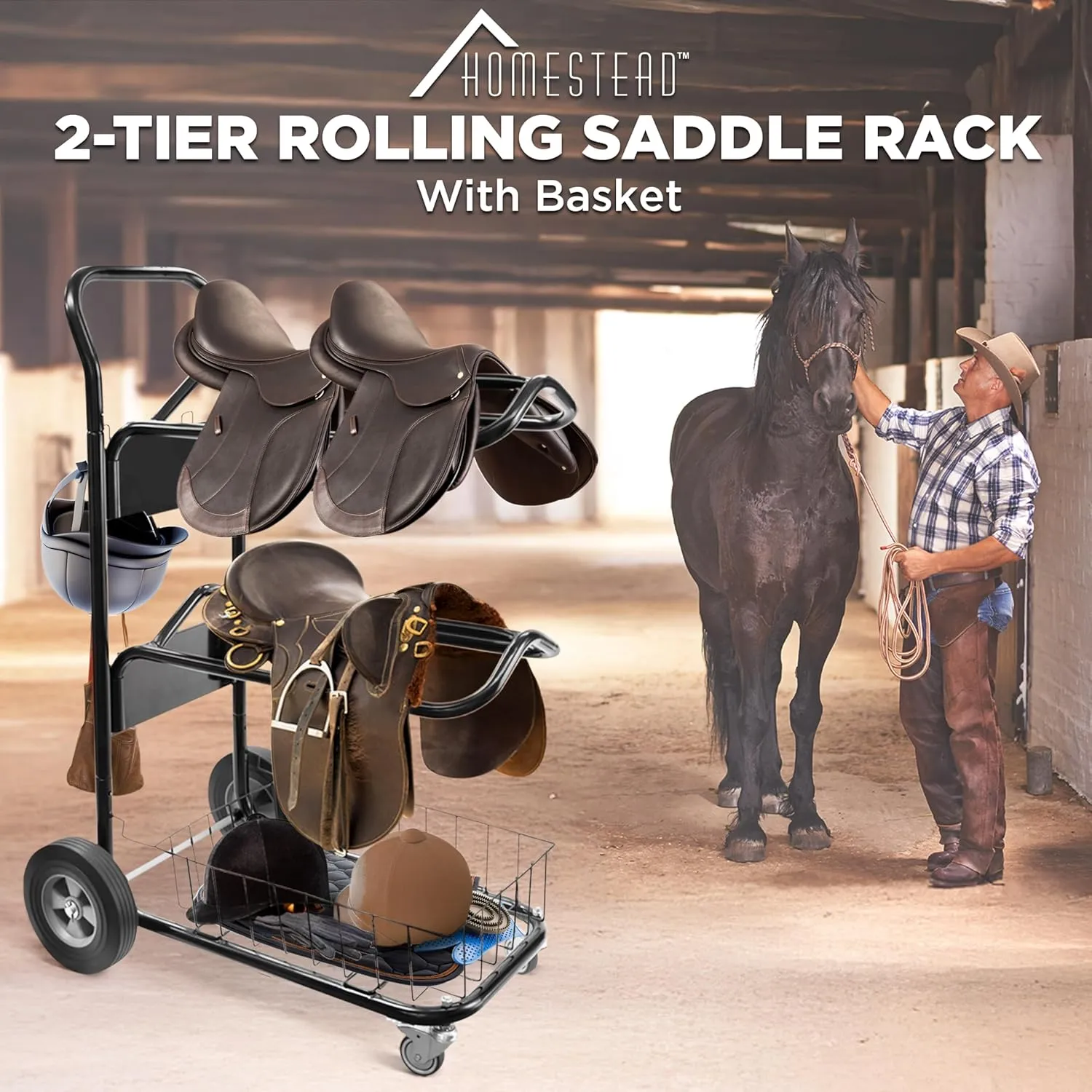 Homestead 220 Lbs Rolling Saddle Rack Cart with Basket – Heavy Duty Saddle Stand for Western Horse Gear, Organizers and Storage for Tack Room, Bridle, Horse Lovers, Cowboy - 3 Tier Saddle Rack Carts