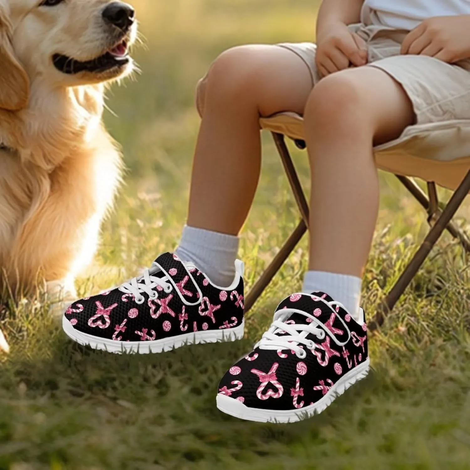 Howilath Christmas Print Kids Sneakers for Boys Girls Athletic Running Shoe with Single Buckle Casual Mesh Sneakers