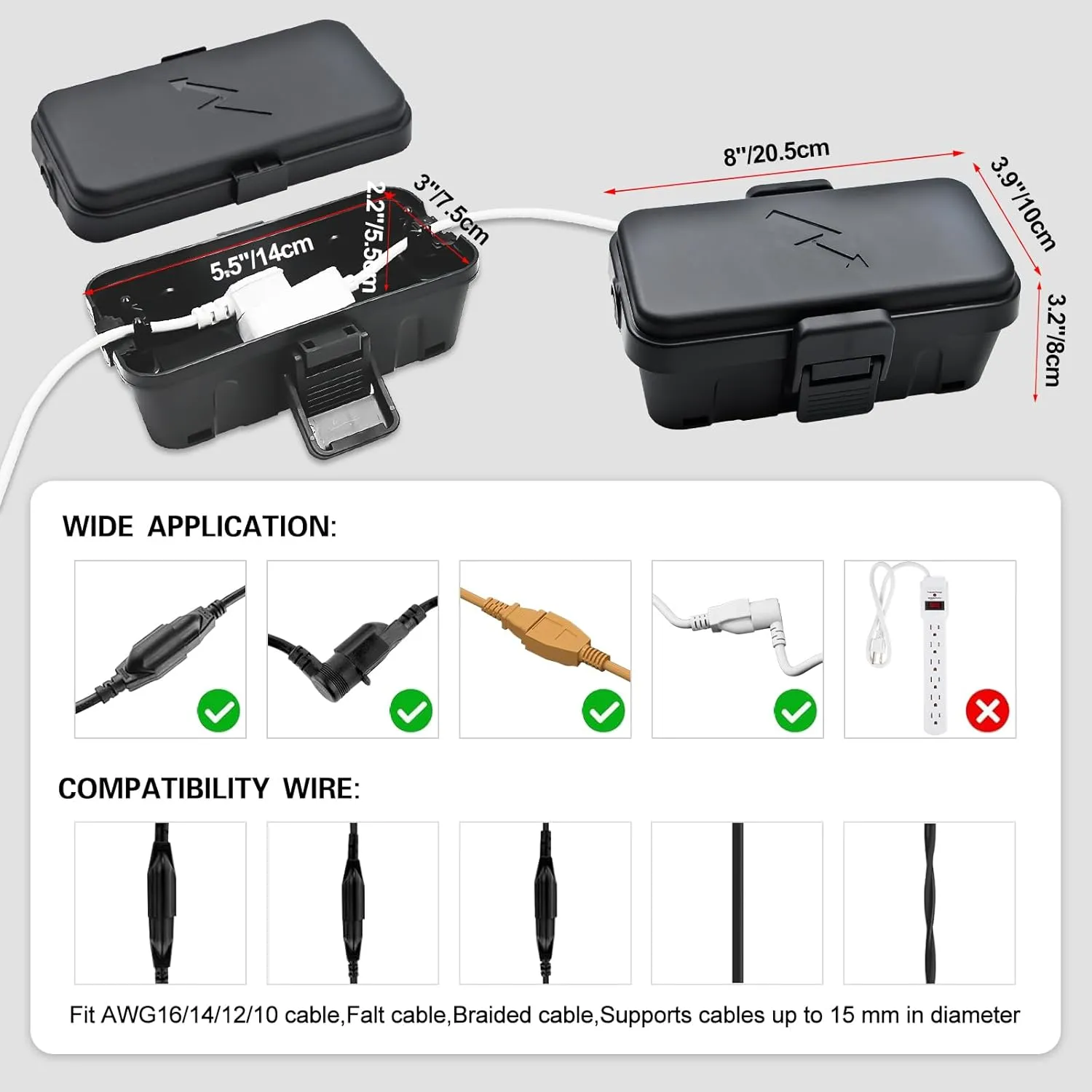 Hrensaw 3PCS Small Weatherproof Electrical Connection Box(Inner 5.5x3x2.2inch),Outdoor Electrical Box,Waterproof Extension Cord Covers for Plug, Extension Cables, Holiday Lights,Black