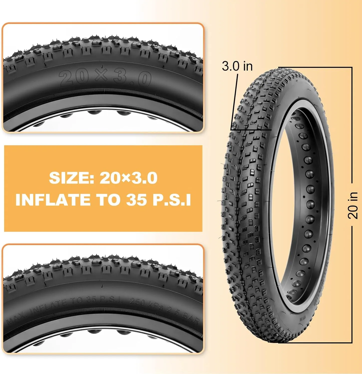 Hycline Fat Bike Replacement Tire: 20x3.0/26x3.0 Inch Puncture Resistant Folding MTB Bicycle Tires, All Terrain High-Density Bike Tires with Street or Trail Riding