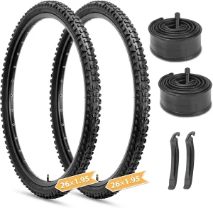 Hycline Mountain Bike Tires Set: 2-Pack 20/24/26x1.95 Inch Folding Replacement High-Density Bicycle Tires and Pair Inner Tubes with Tire Levers Compatible with MTB Off-Road Bike