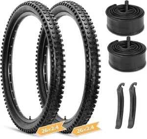 Hycline Mountain Bike Tires Set: 2 Pack 26/27.5/29x2.4 Inch Heavy Duty Folding Replacement Bicycle Tires, All-Terrain High-Density Bicycle Tires with Inner Tubes Schrader Valves and Tire Levers