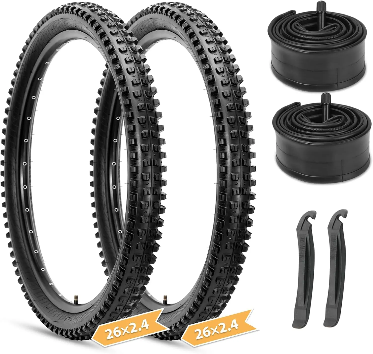 Hycline Mountain Bike Tires Set: 2 Pack 26/27.5/29x2.4 Inch Heavy Duty Folding Replacement Bicycle Tires, All-Terrain High-Density Bicycle Tires with Inner Tubes Schrader Valves and Tire Levers