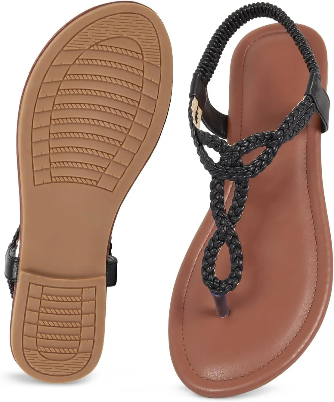 iCKER Women Rhinestone Sandals T-Strap Buckle Bohemian Pearl Crystal Flat Sandals