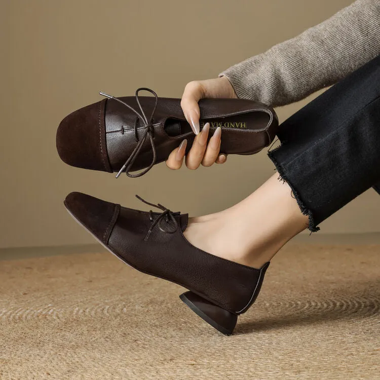 Isyou ibeauty Square Toe Leather Lace-up Flat Shoes Y2575