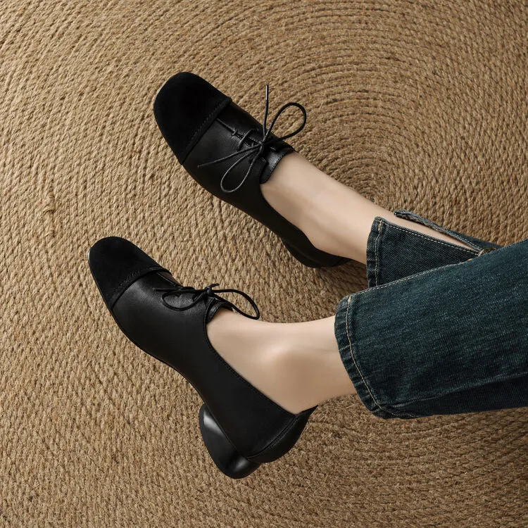 Isyou ibeauty Square Toe Leather Lace-up Flat Shoes Y2575