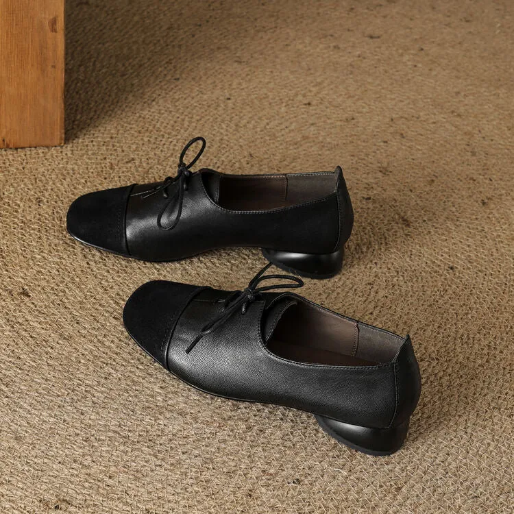 Isyou ibeauty Square Toe Leather Lace-up Flat Shoes Y2575