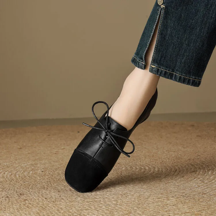 Isyou ibeauty Square Toe Leather Lace-up Flat Shoes Y2575
