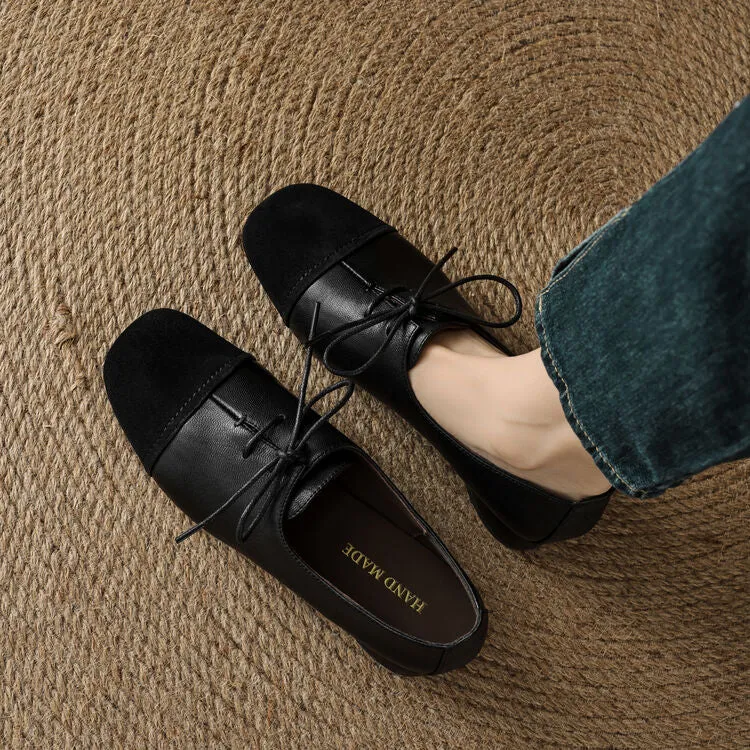 Isyou ibeauty Square Toe Leather Lace-up Flat Shoes Y2575