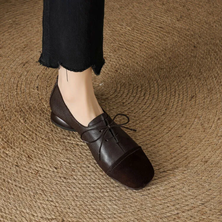 Isyou ibeauty Square Toe Leather Lace-up Flat Shoes Y2575
