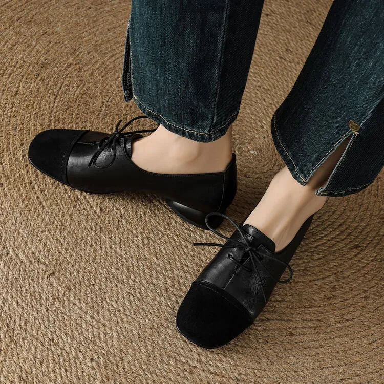 Isyou ibeauty Square Toe Leather Lace-up Flat Shoes Y2575